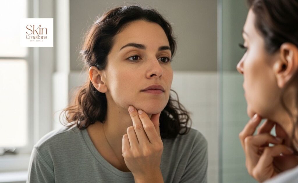 Woman checking early signs of skin laxity to see if she is a good candidate for HIFU treatment
