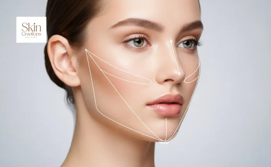 V-shaped face structure with defined jawline, chin and cheekbones