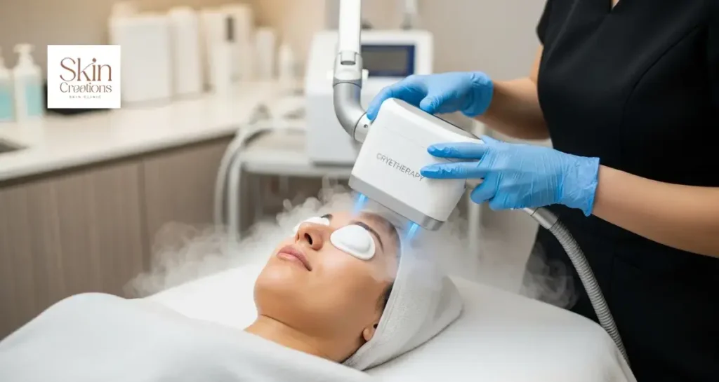 Professional cryotherapy facial treatment in Singapore for skin rejuvenation, reducing puffiness and anti-ageing.
