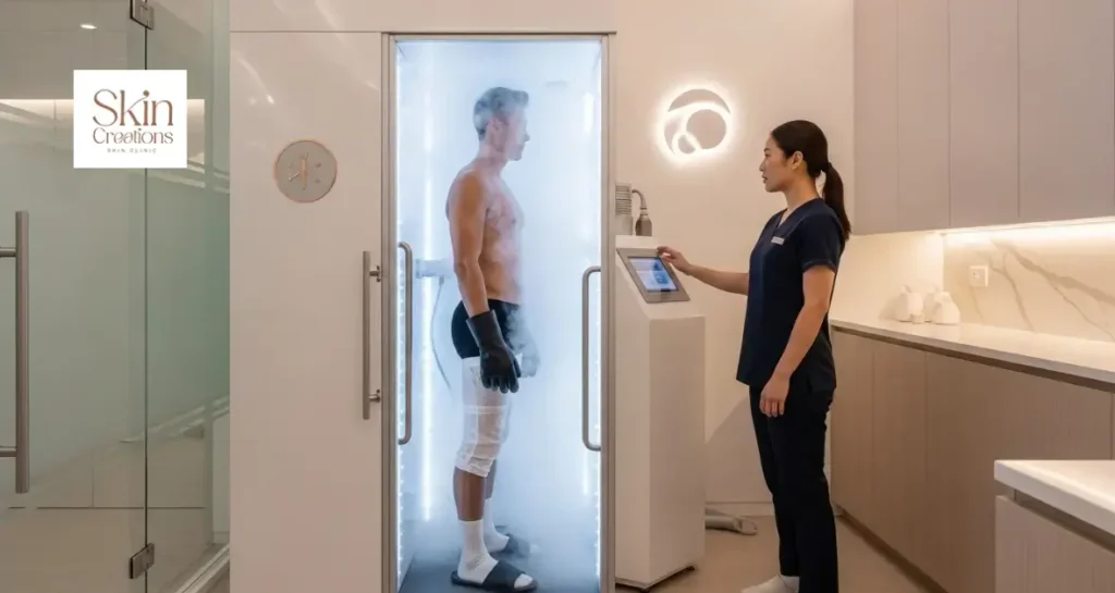 A man undergoing a whole-body treatment session to understand the average cryotherapy cost in Singapore for recovery.