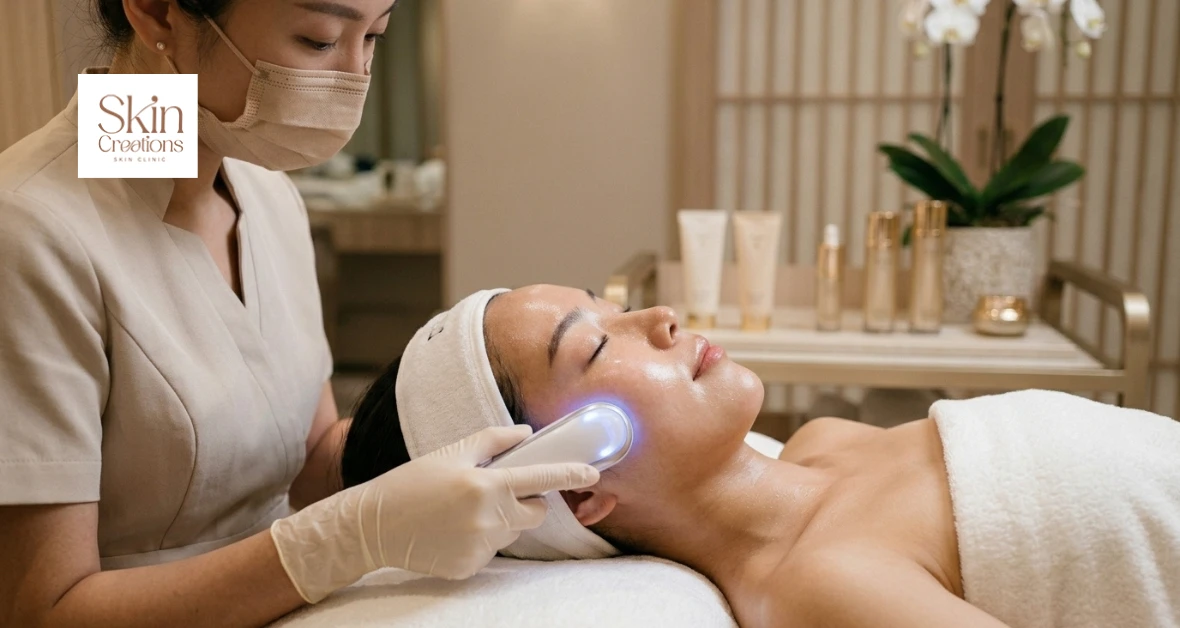 A woman receiving a Korean Facial in Singapore using advanced glass skincare technology.