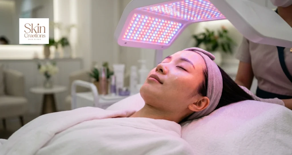 A woman undergoing a Korean LED facial session to reduce redness and target skin pigmentation.