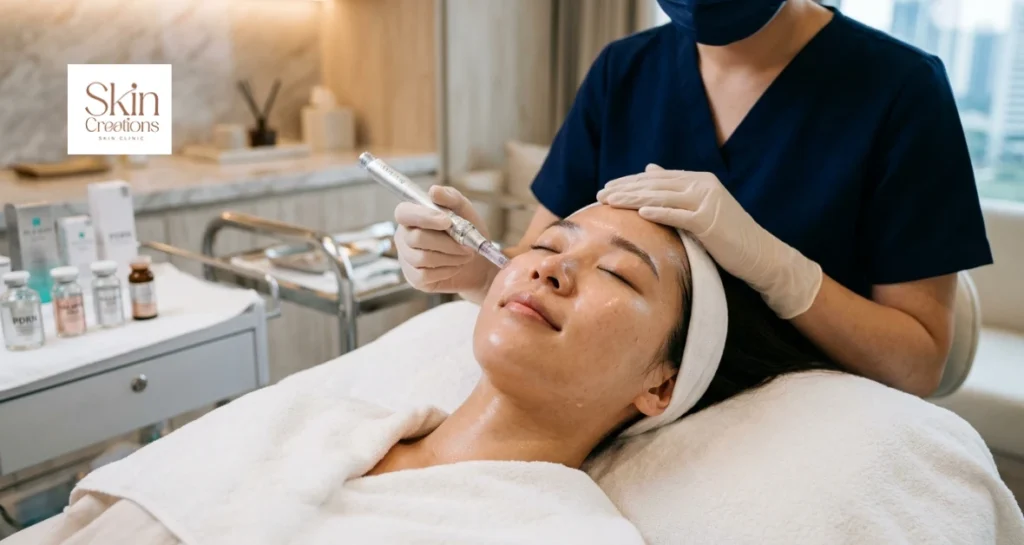 A woman receiving a Korean PDRN facial treatment to reduce redness and acne marks.