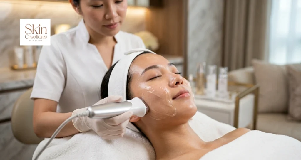 A woman receiving a Korean ultrasound facial treatment to improve skin texture and firmness.