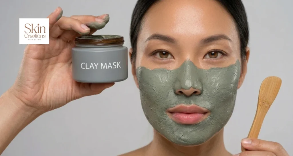 Woman applying a clay mask to help draw out oil and dirt for fresher and cleaner skin