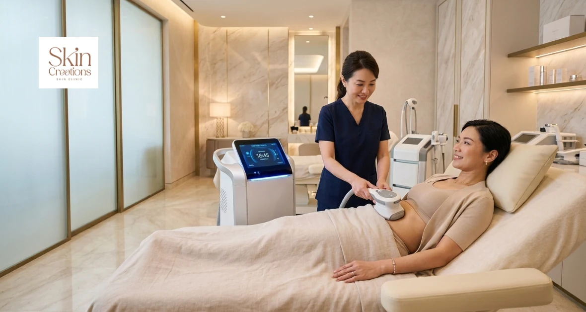 A female client undergoing non-invasive body contouring in Singapore at an aesthetic clinic with a specialist performing a stomach fat reduction treatment