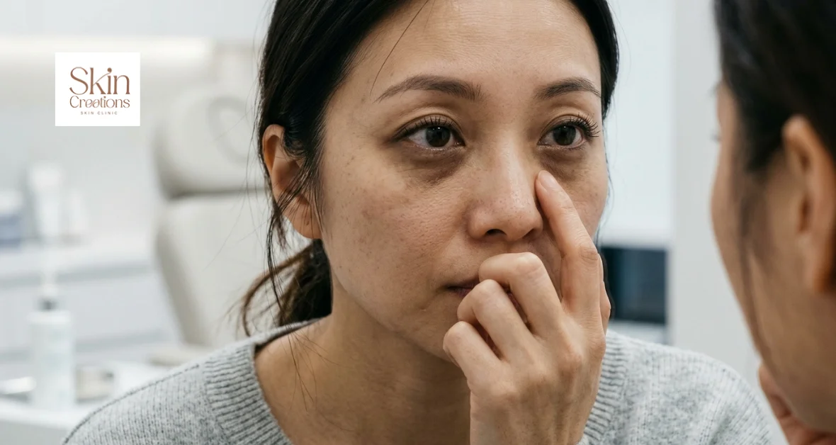 A woman examining how to get rid of dark eye circles in a mirror to identify pigmentation and skin hollowing.