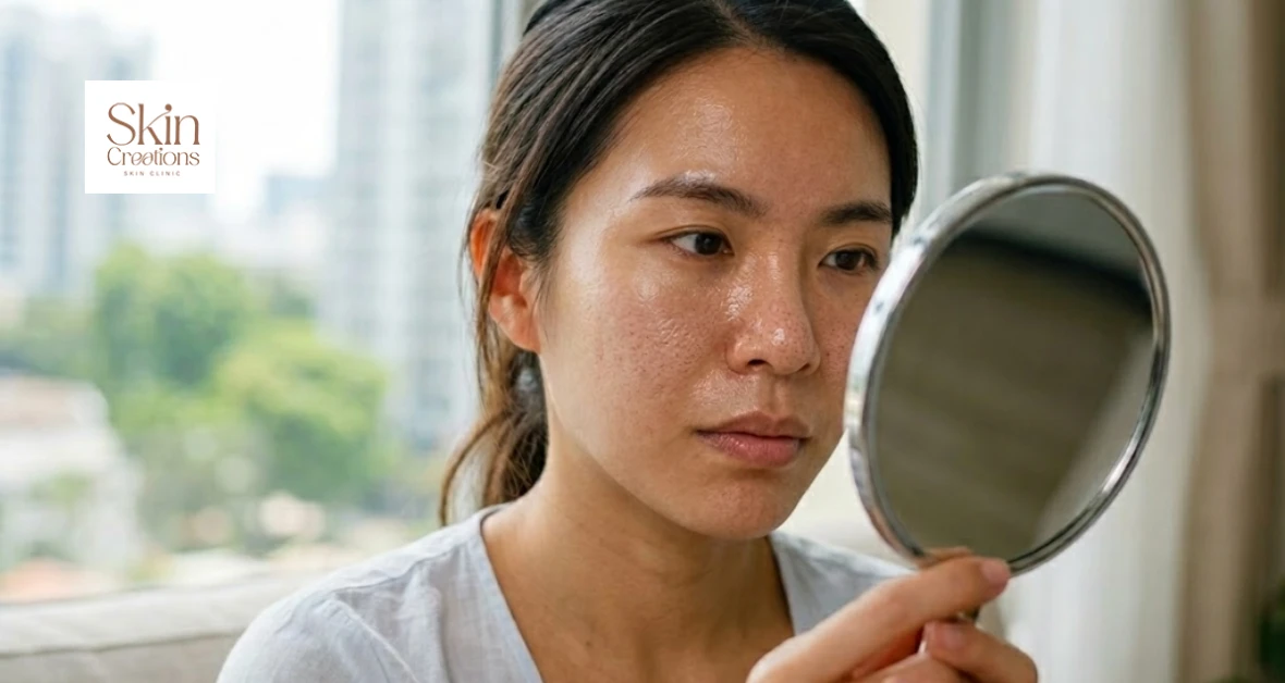 Woman checking skin in mirror to understand how to minimise pores on face in Singapore heat