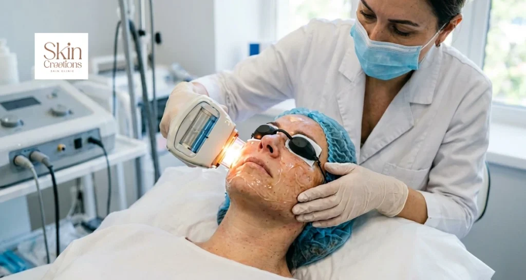 Specialist performing an Intense Pulsed Light (IPL) treatment on a patient's face to target sun spots and brighten uneven skin tone.