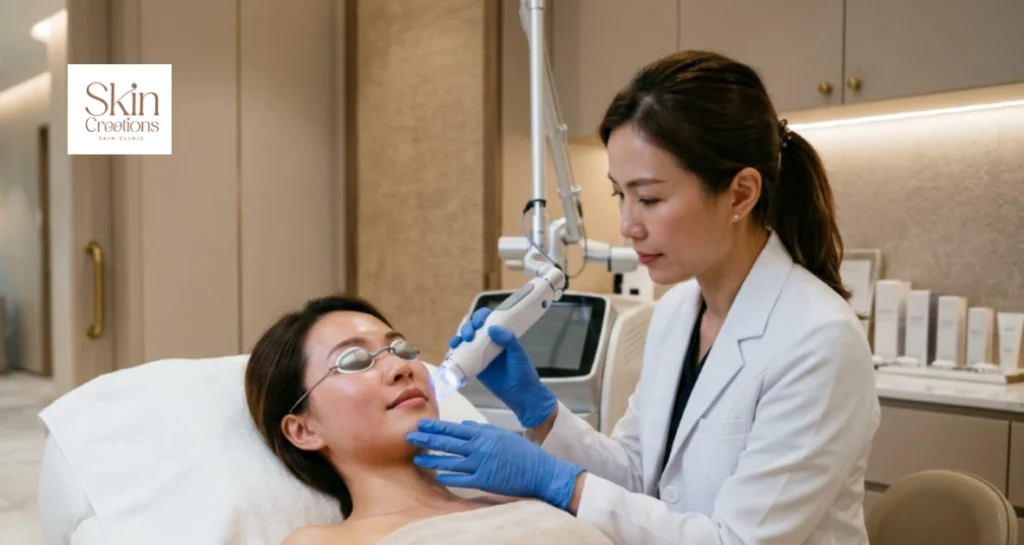 Professional performing laser pore refinement to help stimulate collagen and refine skin texture