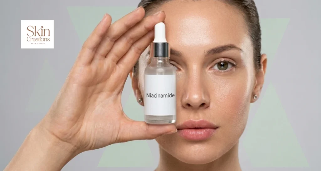 Woman holding a bottle of niacinamide serum to help calm skin redness and improve texture