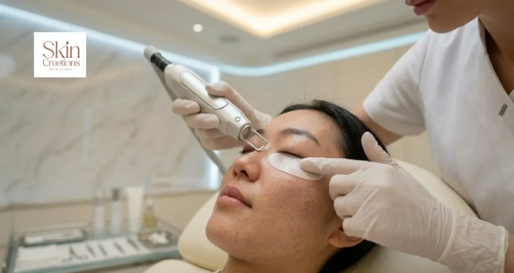 Pico laser dark eye circle treatment for under-eye pigmentation at an aesthetic clinic in Singapore.