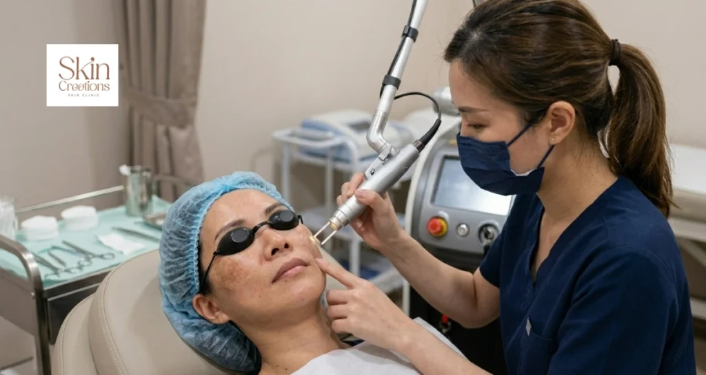 Professional performing a Pico laser treatment for facial pigmentation, using precise light energy to effectively clear dark spots.
