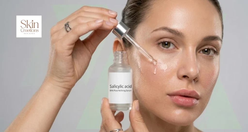 Woman applying salicylic acid BHA serum to help clear deep oil and dirt from facial pores