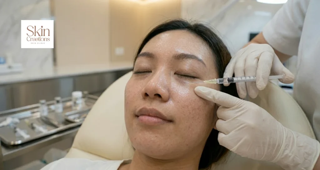 Skinbooster injection for under-eye dehydration and volume loss dark circles at clinic in Singapore