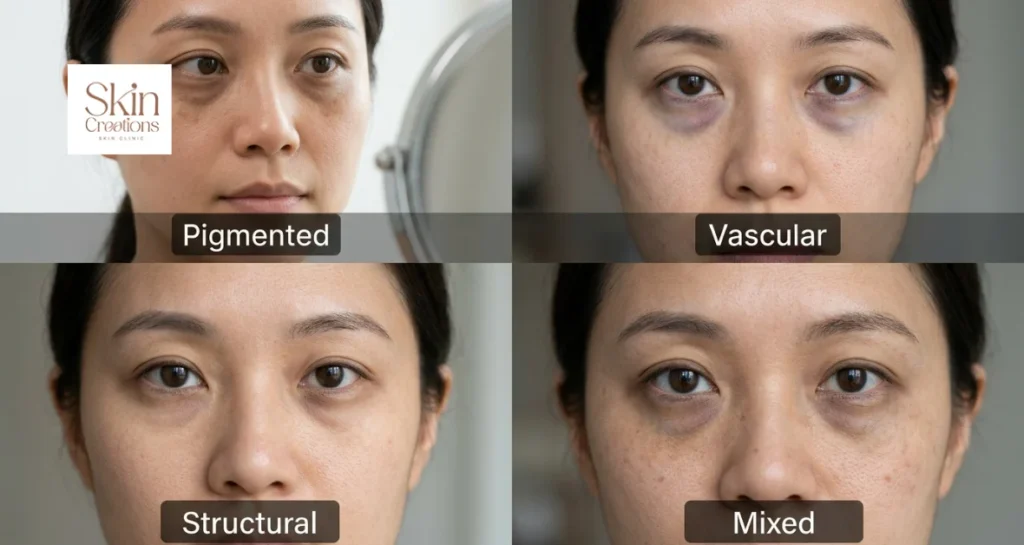 Comparison of the four types of dark eye circles: pigmented, vascular, structural, and mixed on Asian skin.
