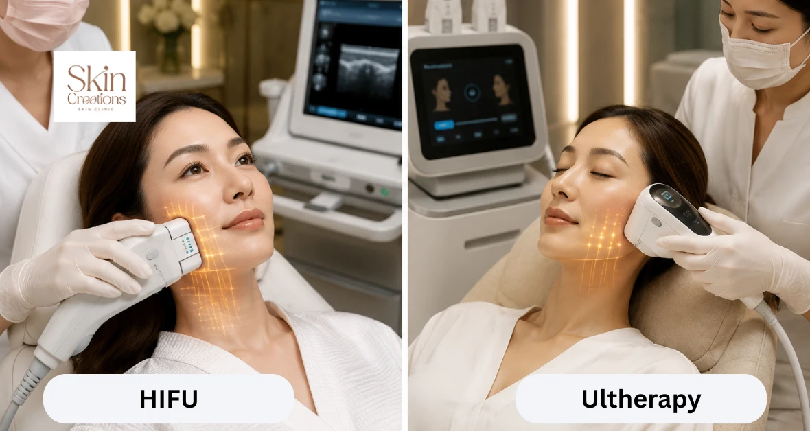 Patient undergoing non-surgical facelift treatment comparing Ultherapy Vs HIFU for skin tightening in Singapore.