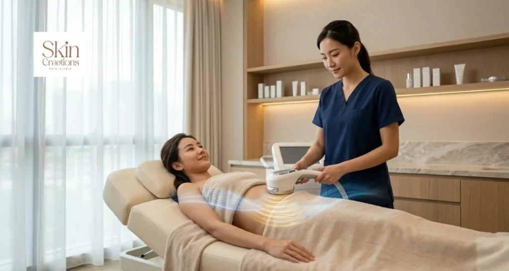 A professional performing a Non-Invasive Body Contouring treatment on a client in a clinical setting