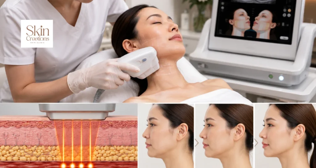 Illustration What Is Ultherapy procedure showing skin layers, collagen stimulation, and facial lifting results.