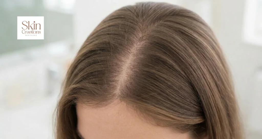 A close up view of a widening part line which is one of the early signs of thinning hair