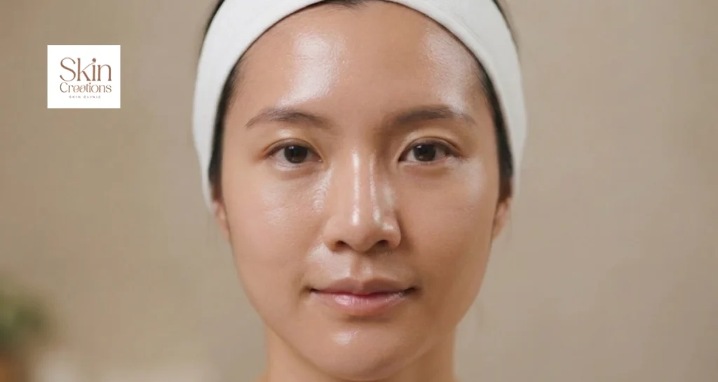 Woman with combination skin showing a naturally shiny t-zone and balanced texture for facial treatment analysis