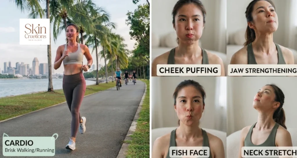 Woman doing cardio exercise alongside targeted facial exercises like jaw strengthening and neck stretches for face slimming