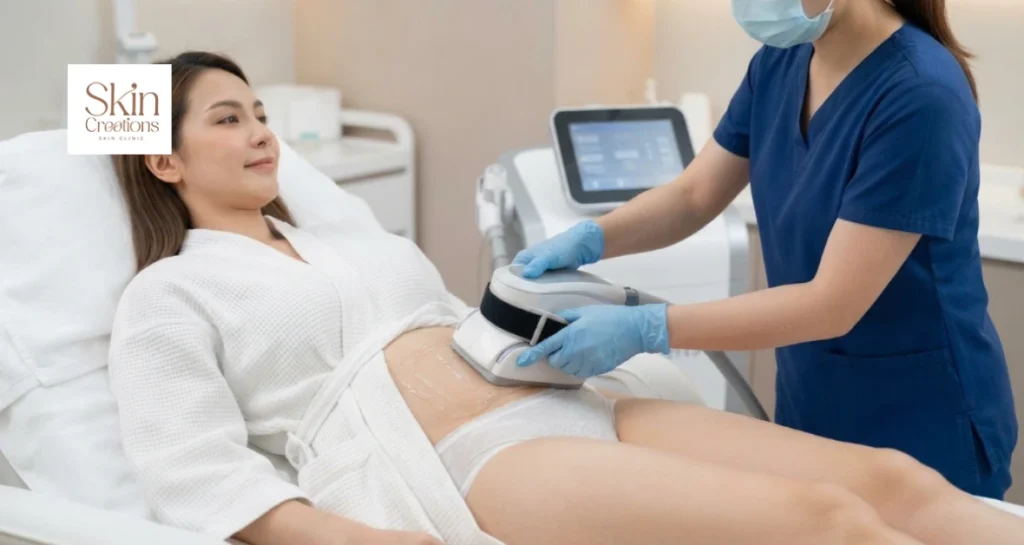 Patient receiving cryolipolysis fat freezing treatment on abdomen with professional handheld device in clinic