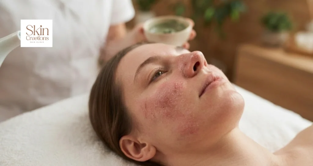 Woman with dry or sensitive skin receiving a gentle facial treatment to soothe irritation and hydrate her complexion
