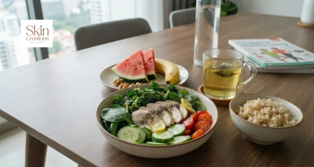 Healthy balanced meal with vegetables and lean protein for a diet that helps reduce facial fat naturally