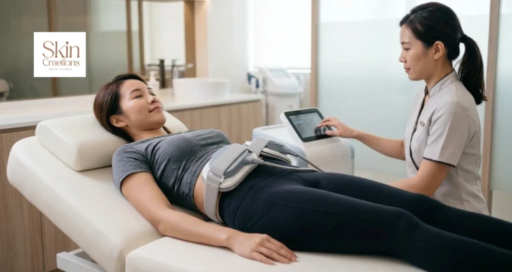Patient receiving electromagnetic muscle stimulation EMS to see if does body contouring work for muscle toning on abdomen