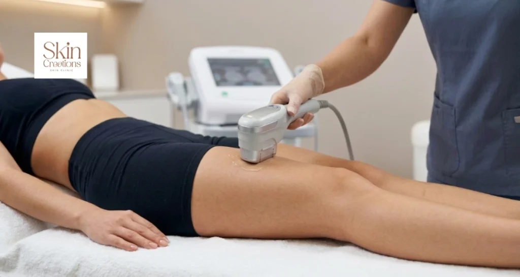 Does body contouring work demonstrated on a thigh using high-intensity focused ultrasound HIFU treatment