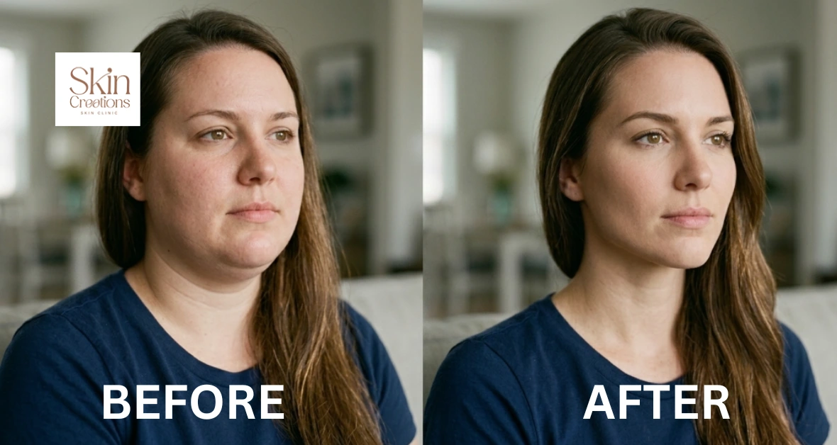 Before and after results showing effective ways how to lose face fat with non-invasive contouring treatments in Singapore