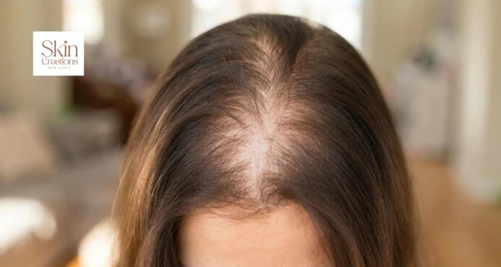 Viewing more scalp showing through as a sign of thinning hair that may require various treatments for thinning hair