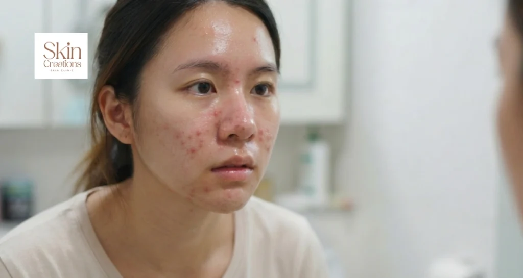 Young woman with oily and acne-prone skin looking concerned at her reflection in a bathroom mirror
