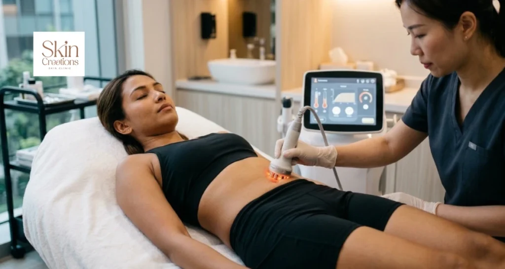 Patient receiving radiofrequency RF body sculpting and skin tightening treatment on abdomen in clinic