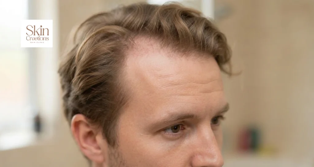 A man showing a receding hairline which is one of the common early signs of thinning hair