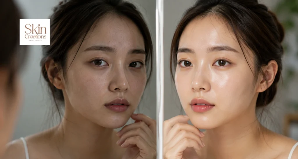 Side-by-side comparison of dull, tired-looking skin versus healthy glowing skin, showing the meaning and signs of dull skin