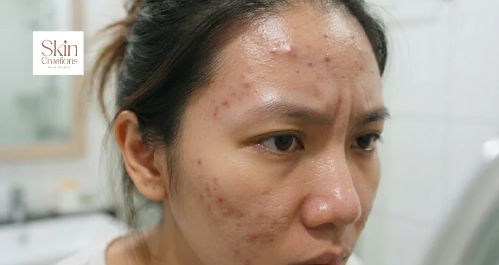 Close up of a woman showing inflamed spots and blackheads on her forehead and face representing common skin problems in Singapore