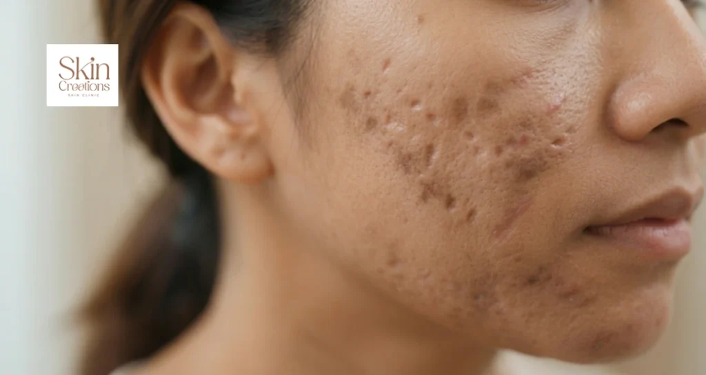 Close up of a person's cheek showing pitted marks and discolouration representing acne scars as one of the common skin problems in Singapore