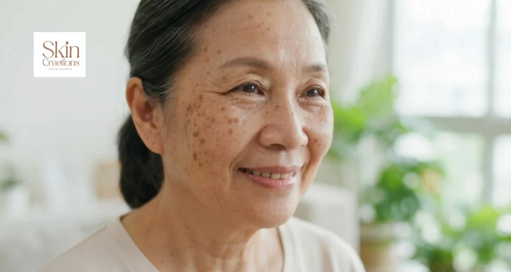 Close up of an elderly woman showing age spots on her face as one of the common skin problems in Singapore