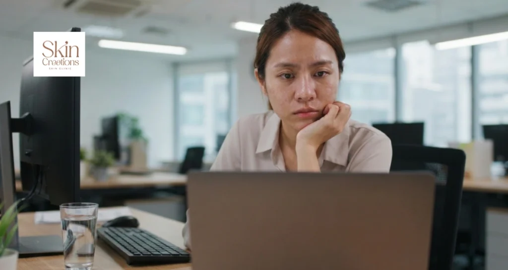 Woman working on a laptop at an office desk in Singapore experiencing dull and dehydrated skin caused by air conditioning