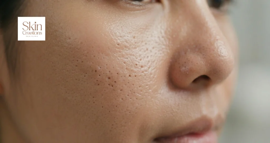 Close up of skin showing visible and enlarged pores around the nose and cheeks caused by humidity and oil build up