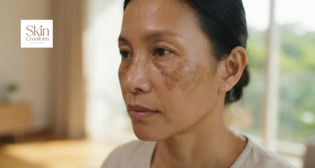 Side profile of a woman with dark patches and sun spots on her cheeks and forehead indicating hyperpigmentation