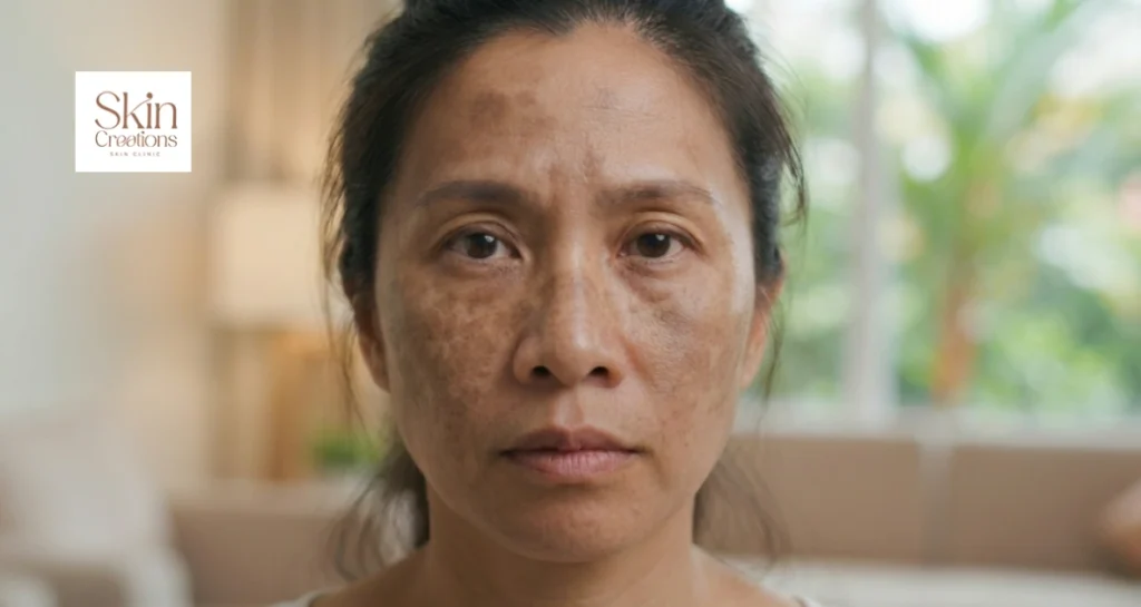 Close-up portrait of an Asian woman showing symmetrical brown or greyish patches of hyperpigmentation on her cheeks and forehead characteristic of melasma