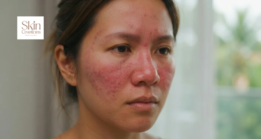 Close-up portrait of an Asian woman displaying severe facial redness, visible capillaries, and inflammation consistent with rosacea.