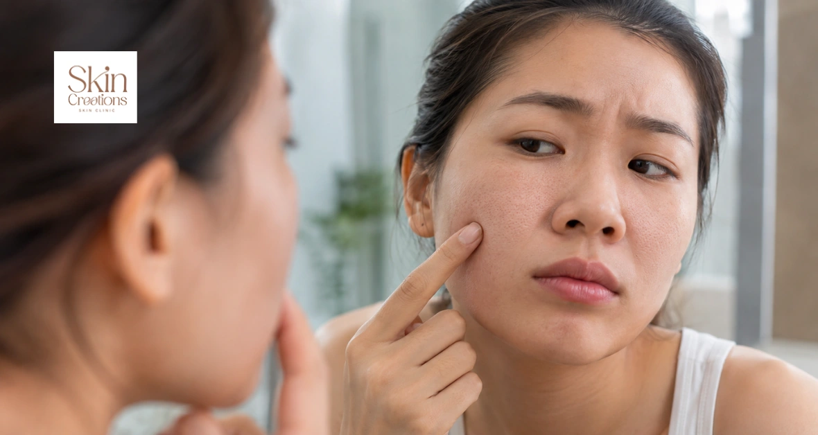 What Causes Enlarged Pores an Asian woman examines her cheek skin texture and pores in a mirror reflection.