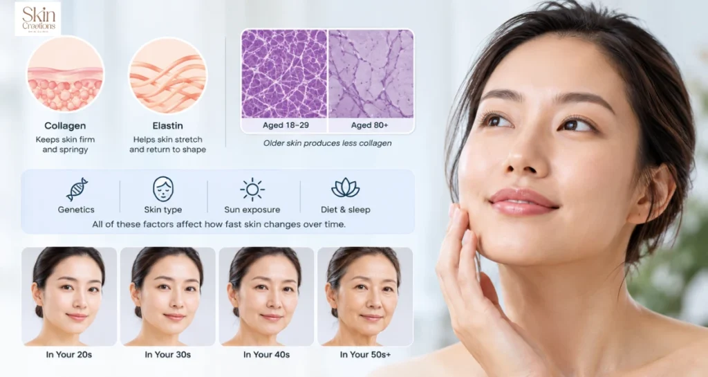 An infographic tracking collagen decline across age stages to help identify the best age to start skin tightening treatments.