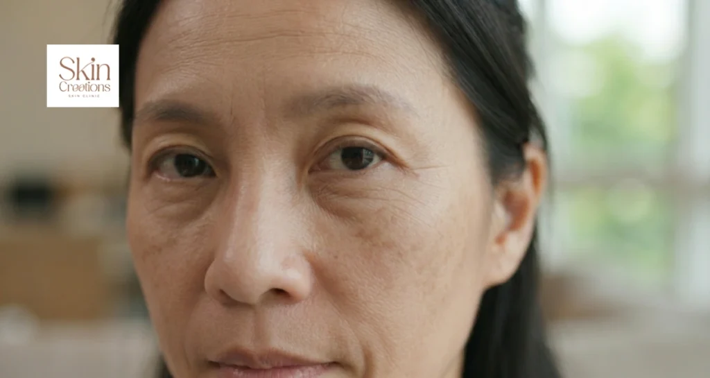 Close up portrait of a woman showing fine lines and wrinkles around her eyes and forehead outdoors in Singapore