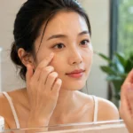 Woman looking in mirror, checking how to reduce wrinkles under eyes before applying an aesthetic skincare routine