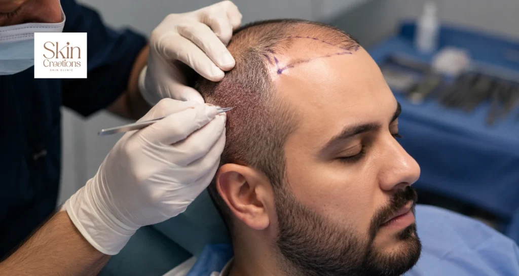 Surgical hair transplant procedure in a clinical theatre showing follicle graft implantation along a marked hairline.